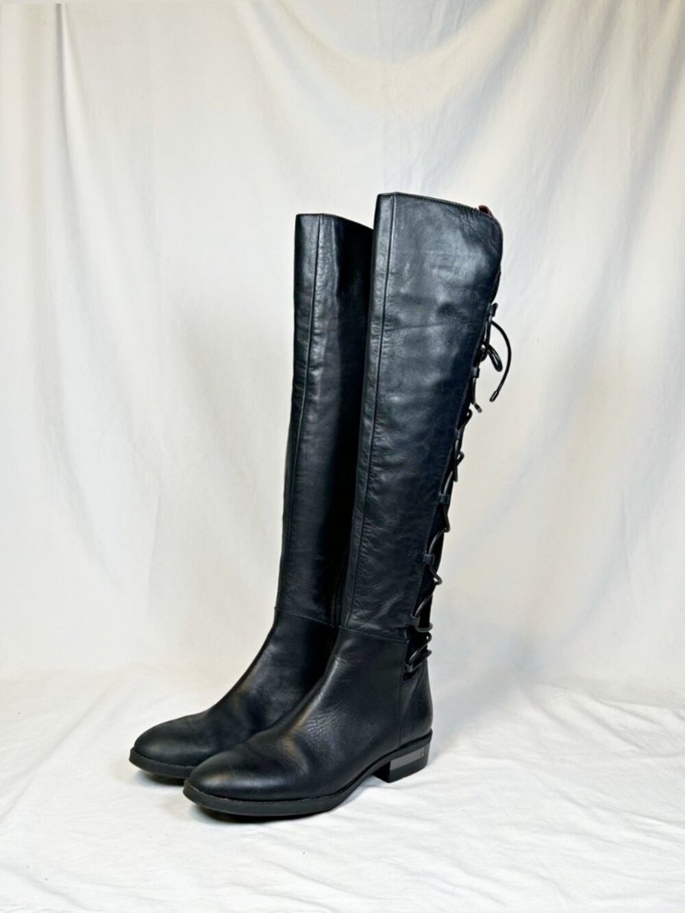 Vince Camuto Black Leather Parle Knee High Stretch Lace Up Boots~5.5~